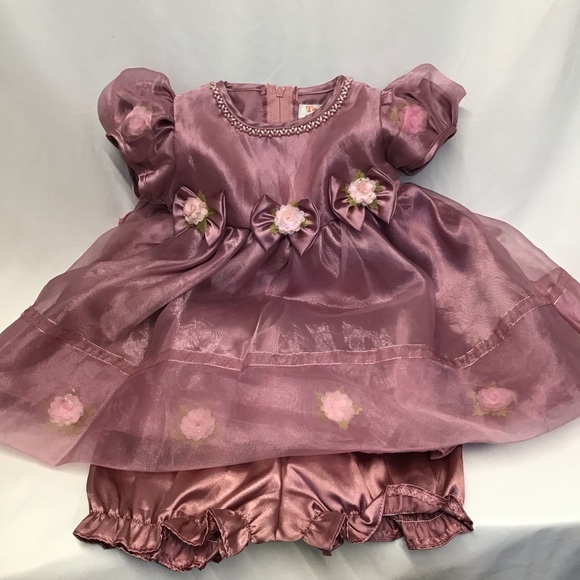 fancy baby dress & pantaloons soft sheer pale raspberry beads flowers 12/18 - Picture 5 of 10